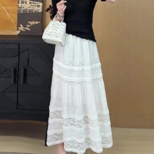 a字大裙摆中长款 法式 蛋糕裙 设计感钩花白色半身裙女2026新款 韩版