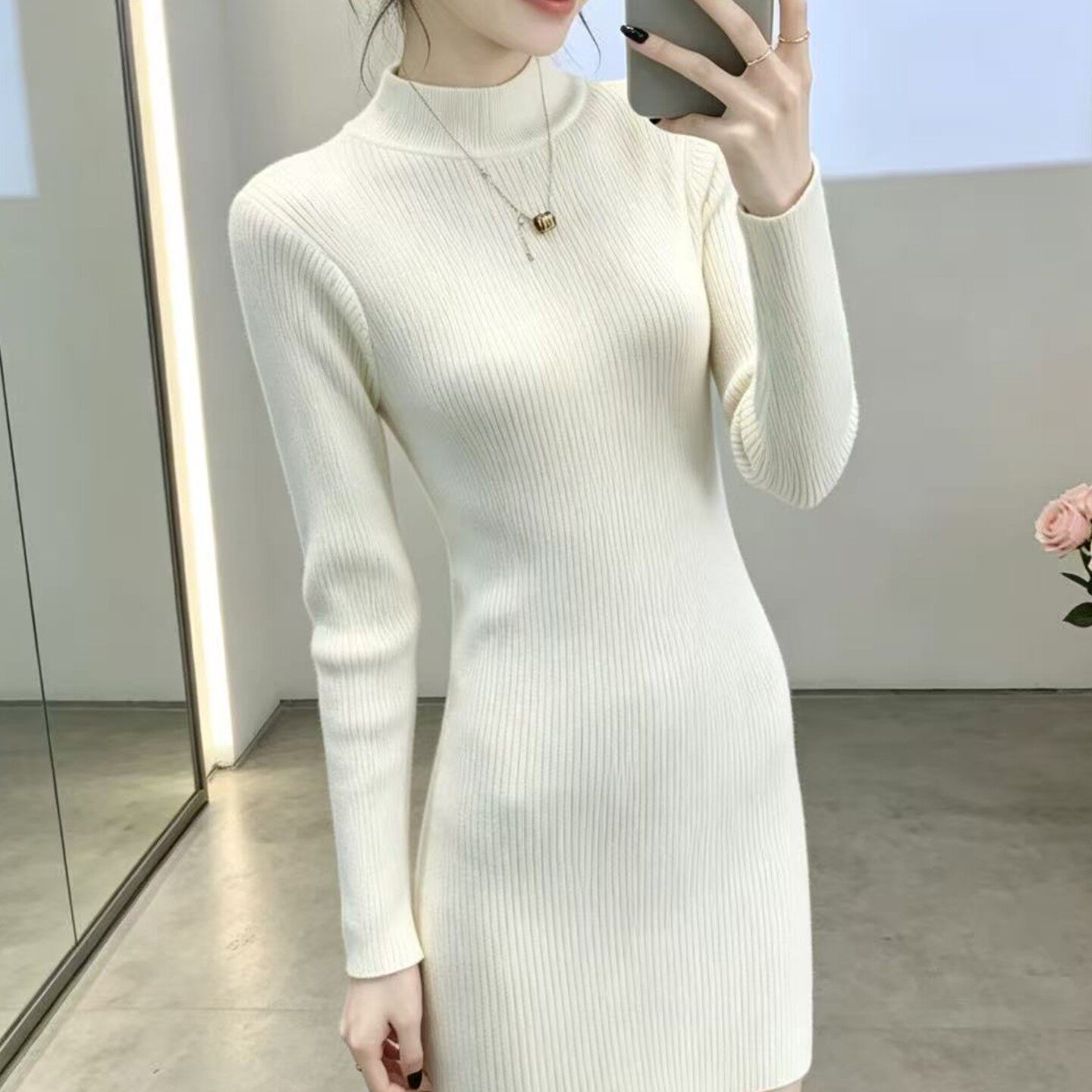 半高领针织连衣裙女修身显瘦秋冬内搭紧身包臀毛衣裙中长款打底衫