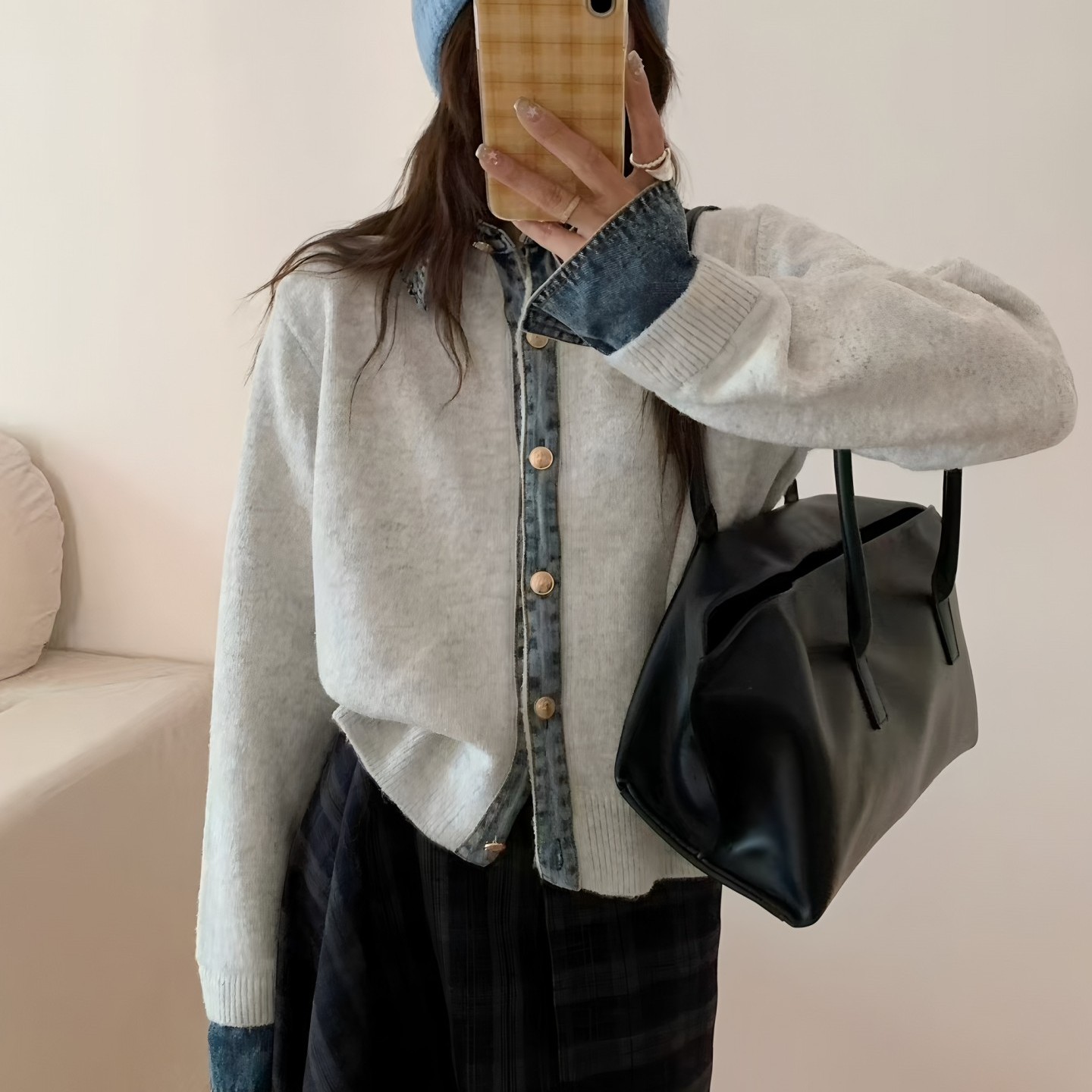 韩版牛仔拼接针织衫外套女秋