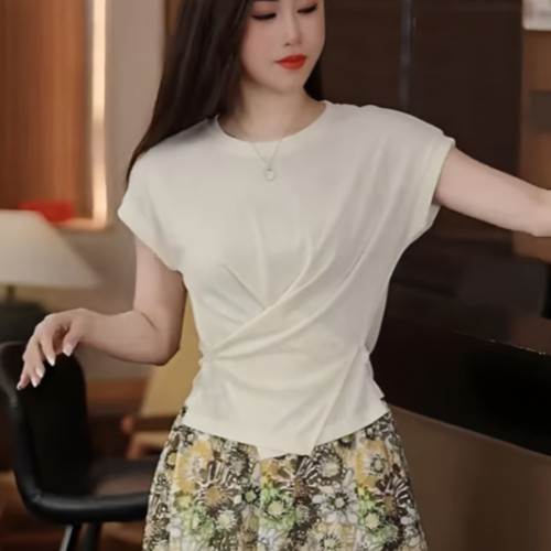时尚交叉收腰短袖针织T恤女