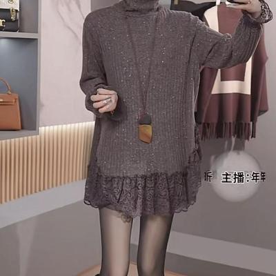 高领蕾丝下摆针织衫女冬季