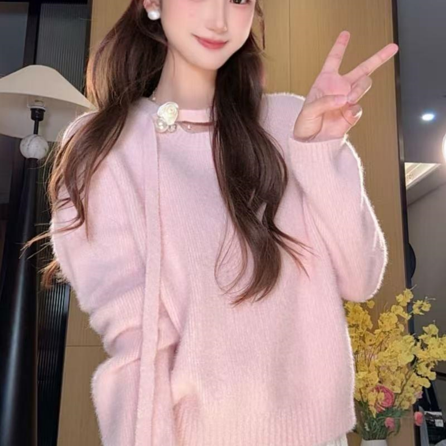 不起球水貂绒飘带针织衫毛衣女