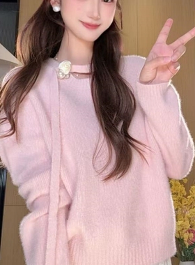 不起球水貂绒飘带针织衫毛衣女秋冬2025新款宽松温柔风内搭打底衫