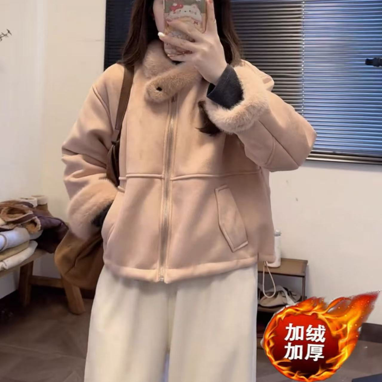 加绒加厚鹿皮绒外套女冬2025新款宽松洋气皮毛一体短款羊羔绒上衣