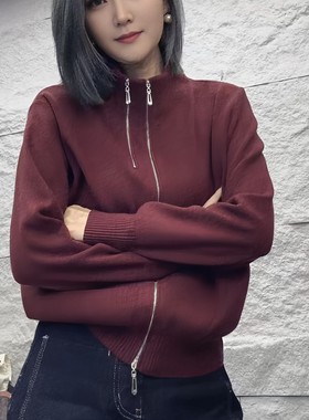 双拉链立领针织开衫女秋冬2025新款韩系宽松时尚减龄毛衣外套上衣