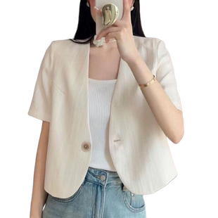 V领一粒扣短袖上衣女夏季新款休闲时尚小个子宽松短款小西装外套