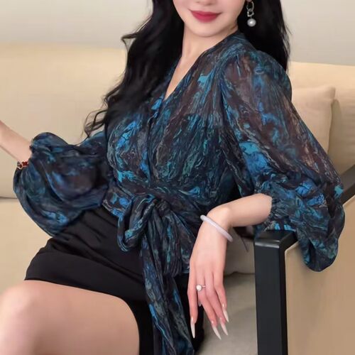 轻熟风V领系带印花衬衫女夏季