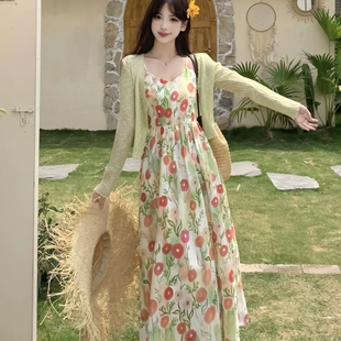 法式针织披肩碎花吊带裙套装女夏季新款甜美气质开衫连衣裙两件套