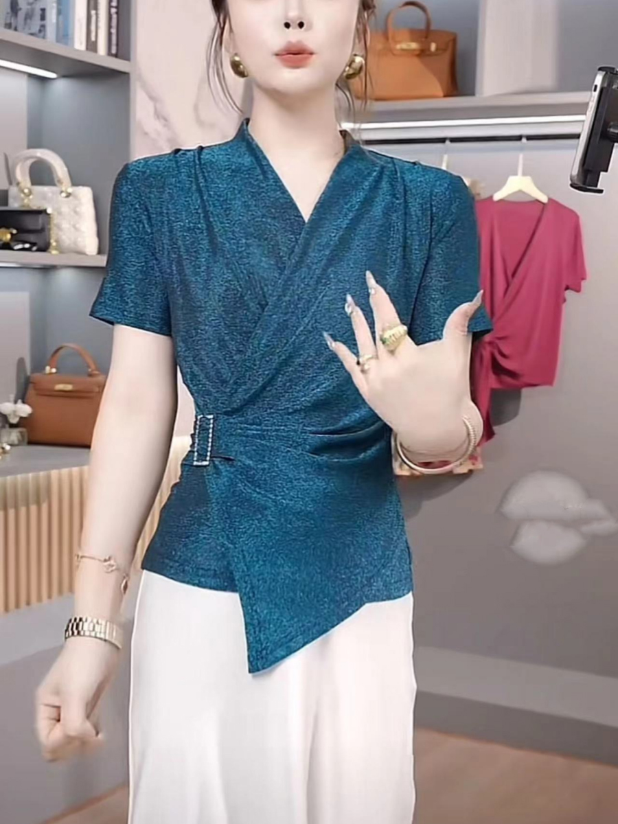 短袖收腰显瘦亮丝小衫上衣