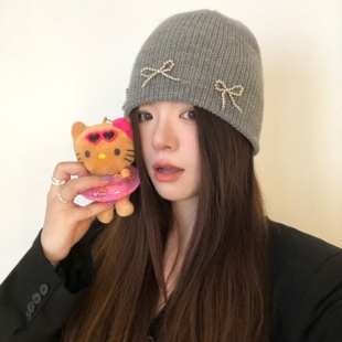 韩版蝴蝶结针织帽子秋冬天新款女加厚保暖冷帽时尚甜美毛线帽