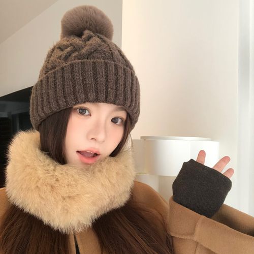 麻花针织双层毛线帽秋冬季麻花毛球毛线帽女加厚冷帽保暖针织帽