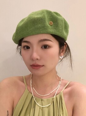 颜小姐/金属扣B字亚麻贝雷帽画家帽百搭透气网眼麻料大头贝雷帽