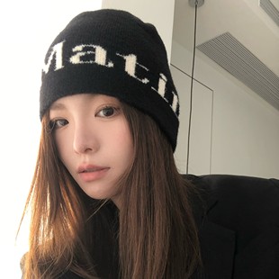 颜小姐/字母冷帽百搭大头围秋冬保暖小众个性毛线帽针织帽字母款