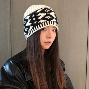 粗棒针织冷帽网红韩国印花针织毛线帽子女百搭大头围男情侣套头帽