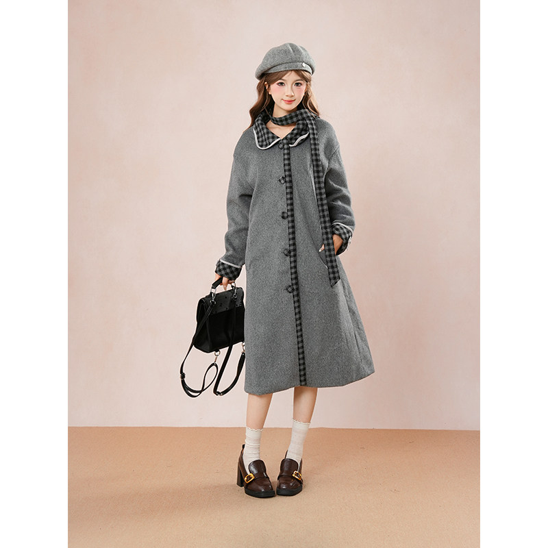 灰色秋冬宽松中长款甜美可爱毛呢外套秋冬新款系带格子加厚大衣女