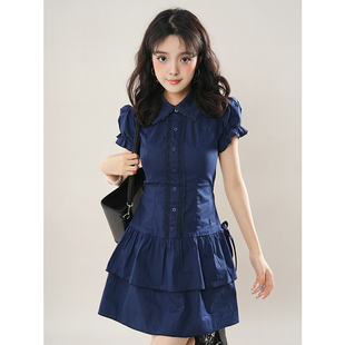 vintage复古穿搭学院风蕾丝边拼接蓝色复古衬衫连衣裙古着风短裙