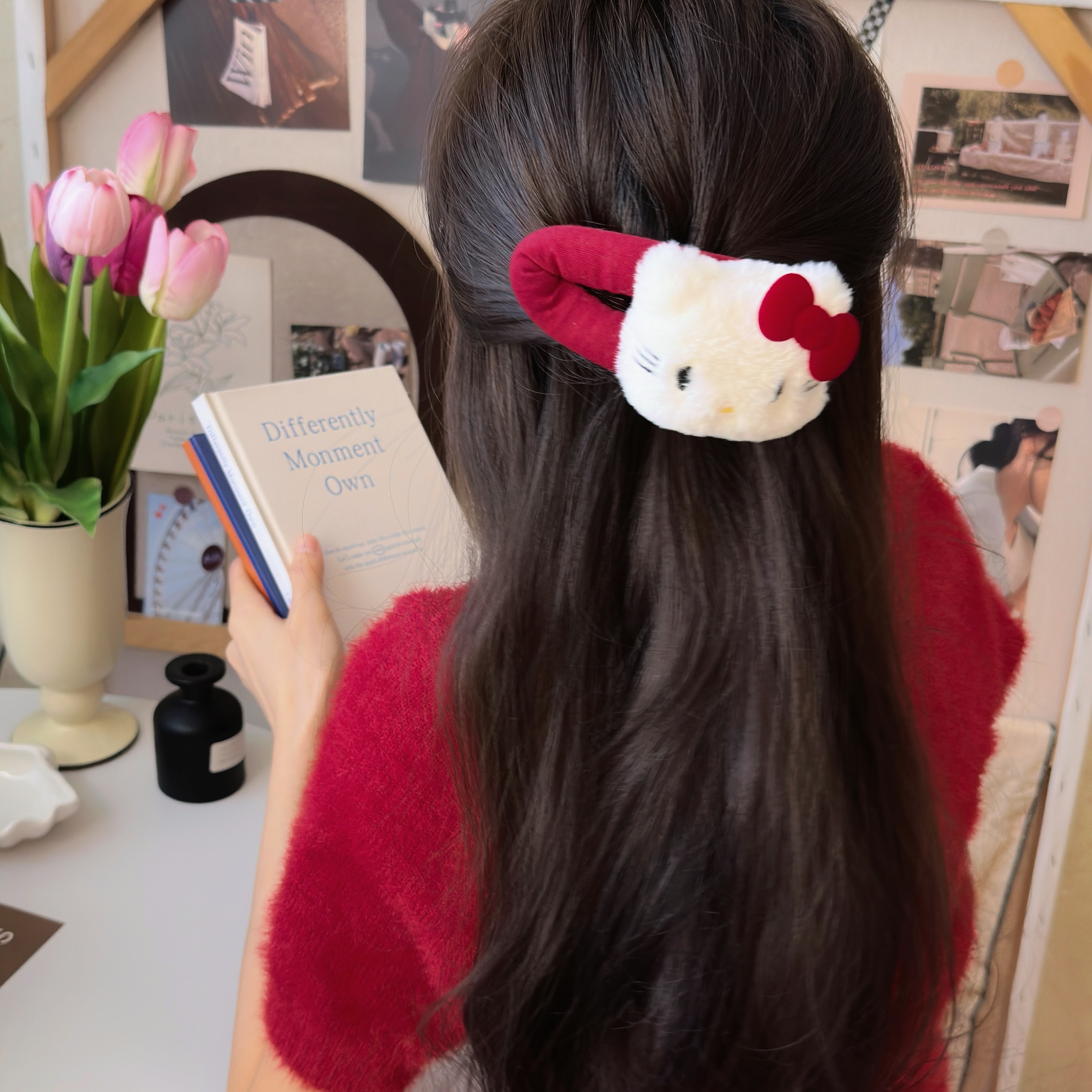 可爱毛绒KT猫发夹甜美酒红少女心BB夹卡通百搭ins刘海夹网红发卡