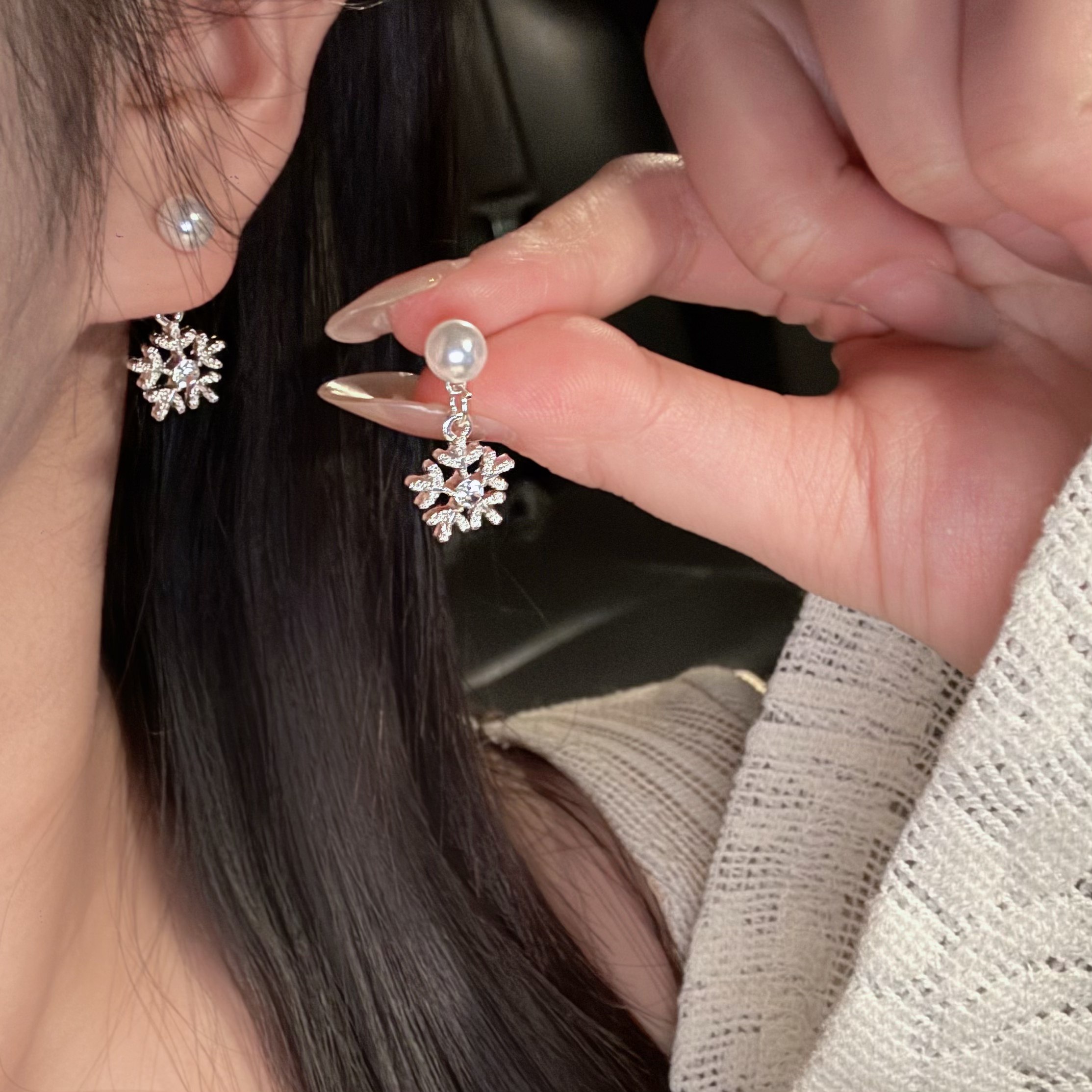 清冷感雪花珍珠耳钉女轻奢小众设计气质高级感耳环时尚气质耳夹