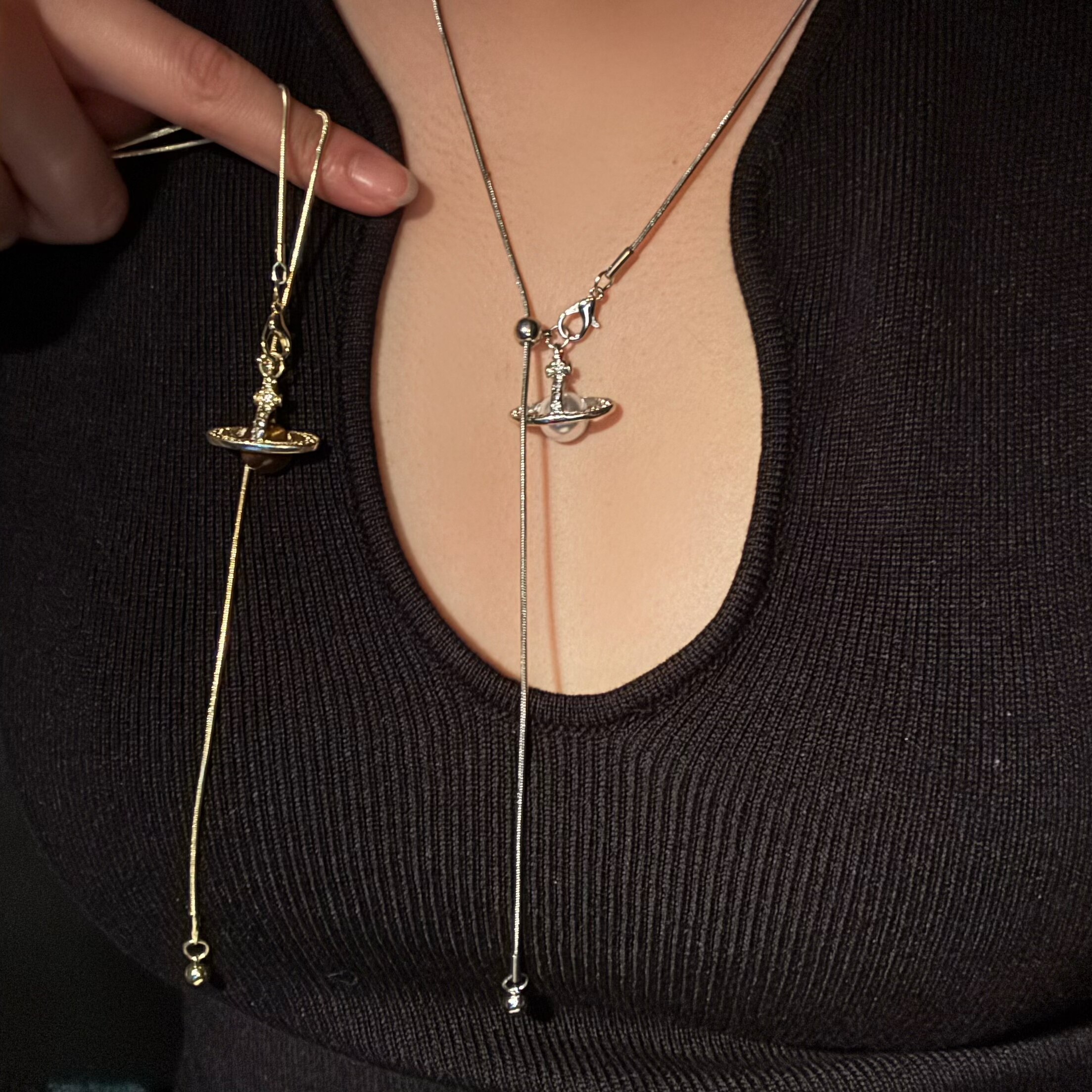 百搭时髦 精致珍珠星球吊坠流苏毛衣链女高级感独特长款颈链项链