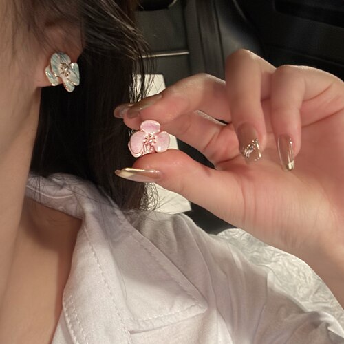 滴釉晕染花朵珍珠耳钉女小众轻奢高级感2026新款潮耳环耳夹无耳洞