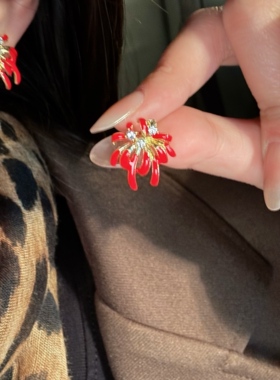 红色珐琅烟花耳环女新年耳钉轻奢高级感耳饰小众独特设计气质耳夹