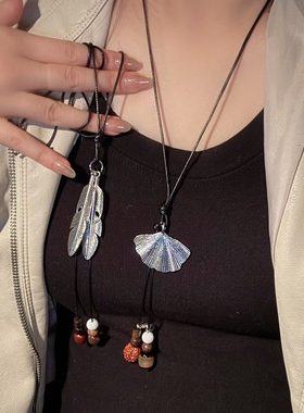 新中式复古羽毛银杏叶项链女款波西米亚民族风长款毛衣链吊坠配饰