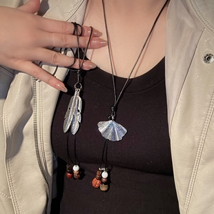 新中式复古羽毛银杏叶项链女款波西米亚民族风长款毛衣链吊坠配饰