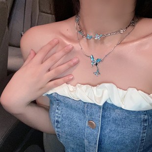 蓝色蝴蝶月光石拼接项链女甜酷辣妹高级感锁骨链轻奢小众颈链配饰