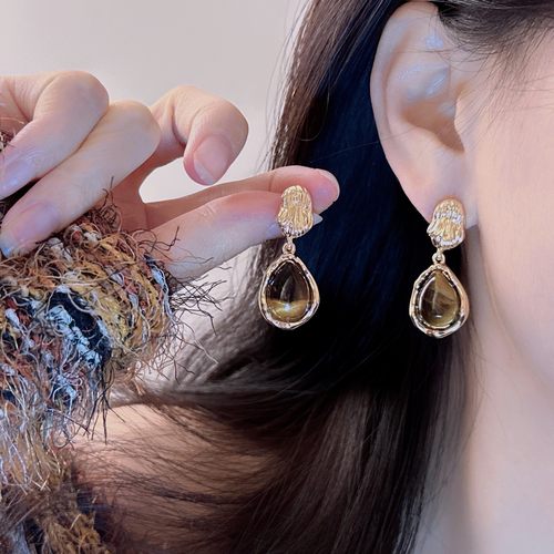 高级感虎眼石水滴美拉德风耳钉