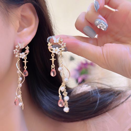 浪漫粉色水滴珍珠流苏长款耳环