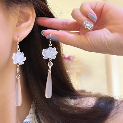 新中式莲花长款水滴耳环女