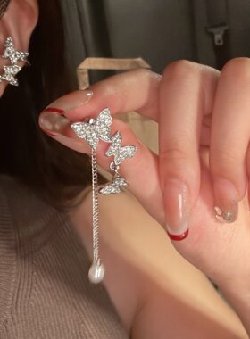 一款两戴银色蝴蝶流苏耳钉耳环2025年新款潮耳饰女韩国气质网红款