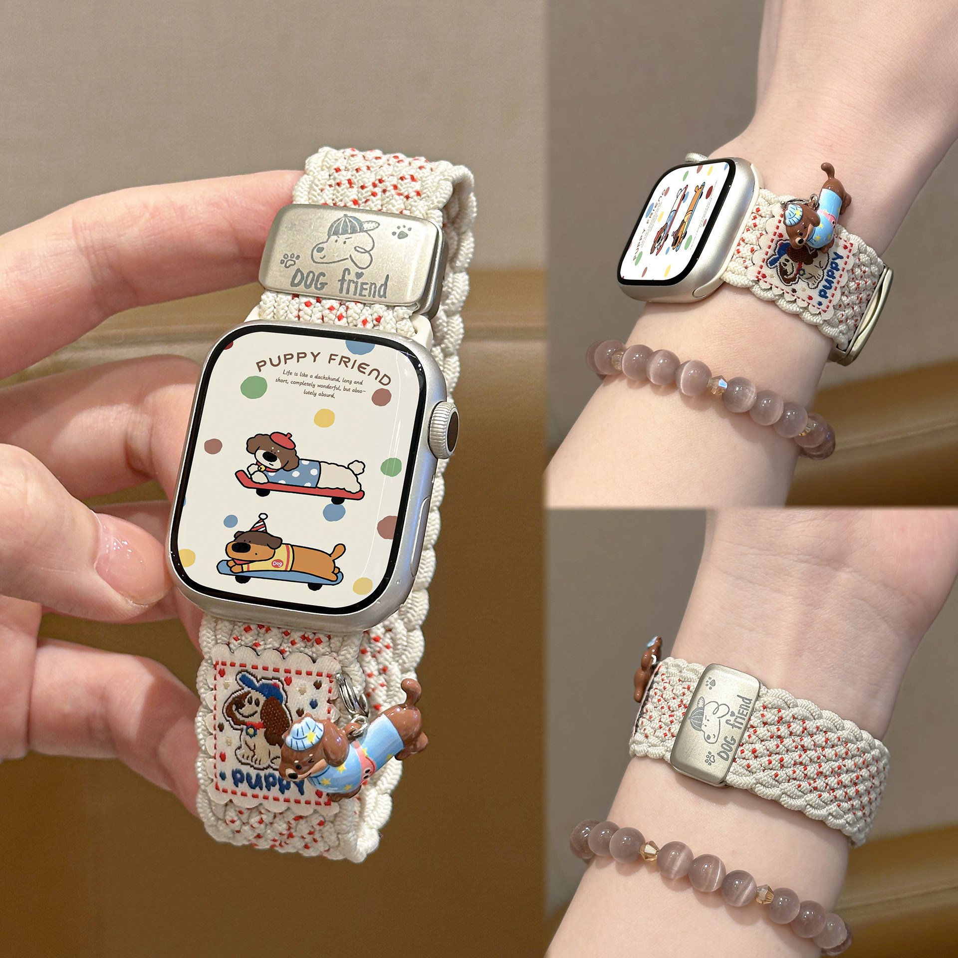 适用iWatchs11新款腊肠狗挂饰编织磁吸表带苹果S1098se华为Fit5/4