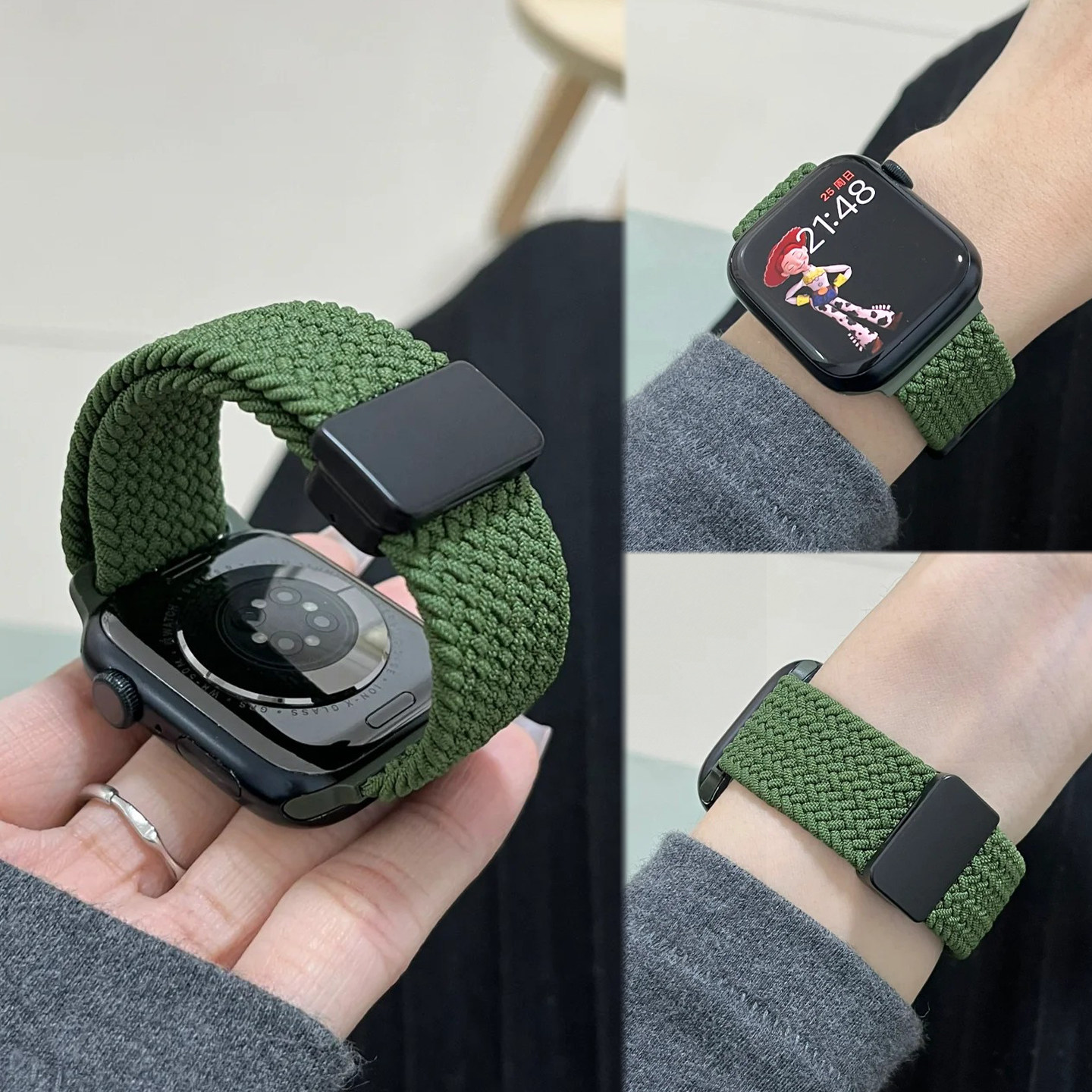 适用iwatchS11橄榄绿尼龙弹力编织磁吸表带s109华为FIT5小米10Pro