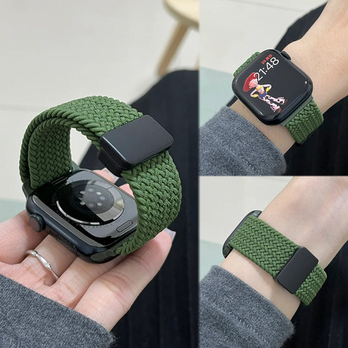 适用iwatchS11橄榄绿尼龙弹力编织磁吸表带s109华为FIT5小米10Pro