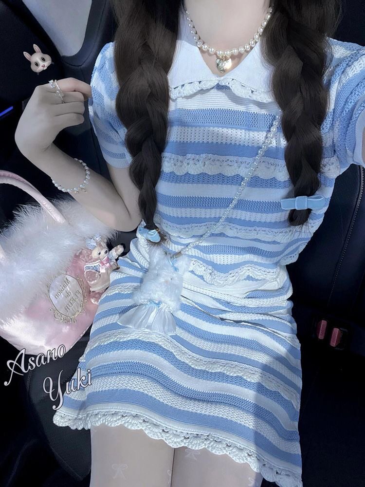 夏季新款女装小个子针织蓝色条纹独特绝美小套装裙子高级感两件套