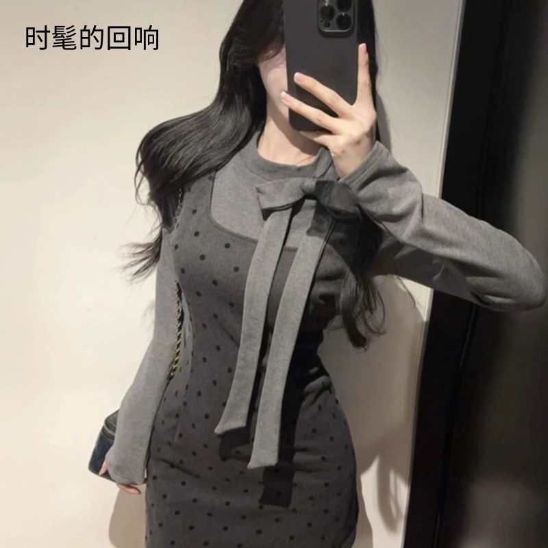韩系小众蝴蝶结高领套装秋季修身长袖上衣波点吊带两件套连衣裙