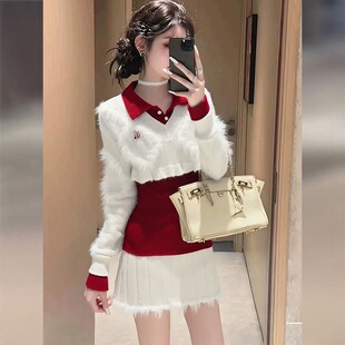 美式学院风套装白色毛衣红色针织内搭上衣女秋冬半身裙辣妹三件套