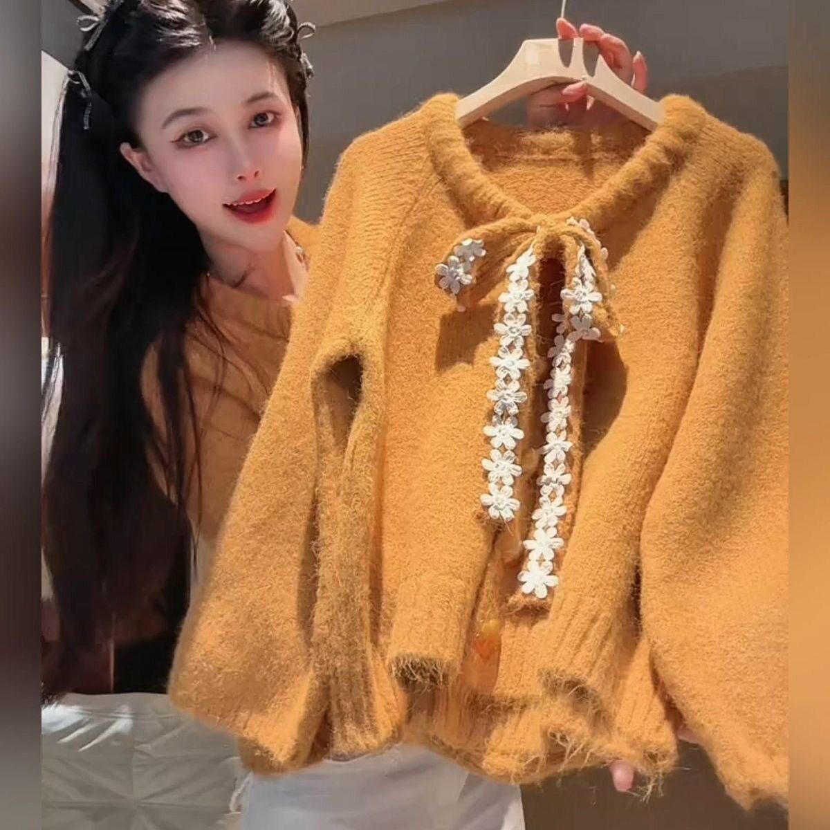 2026新款秋冬设计感蕾丝系带毛衣开衫女慵懒风加厚软糯针织外套