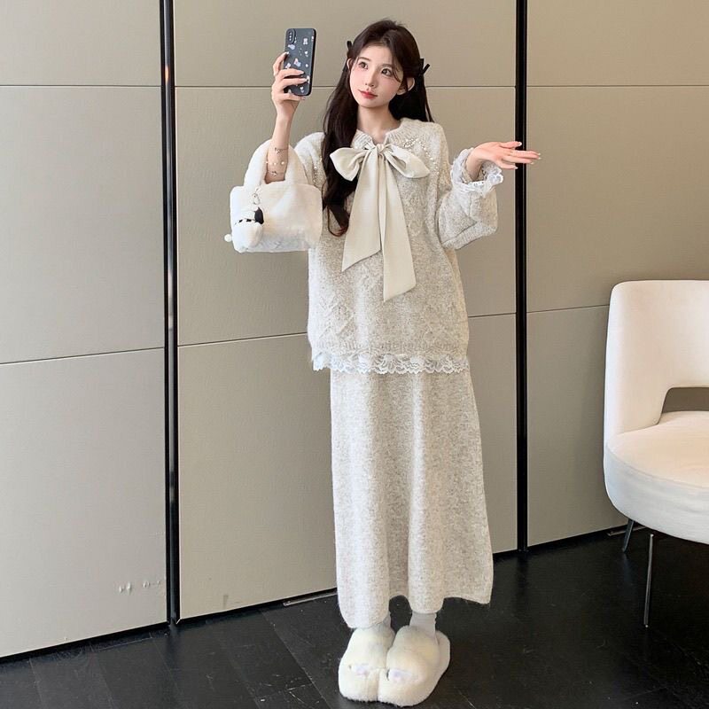 秋冬新款孕妇装法式时尚洋气宽松遮肚针织毛衣+半身裙子甜美套装