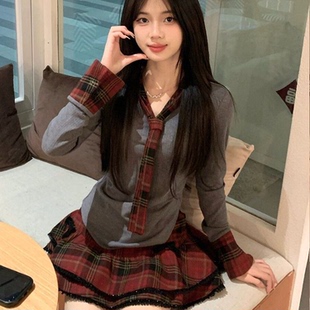 秋季美式甜辣妹格子连衣裙女2025秋冬新款学院风公主蓬蓬短裙套装