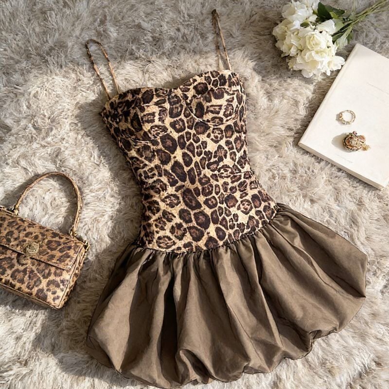 美式豹纹吊带连衣裙女秋冬鱼骨收腰高级感内搭抹胸裙子