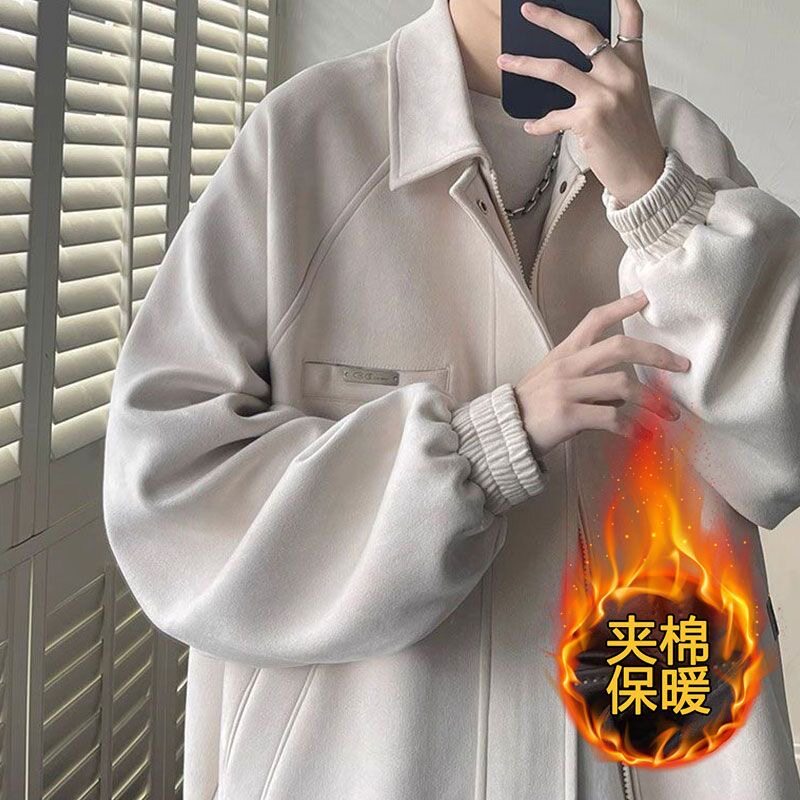 宽松翻领夹克外套男生冬季新款感痞帅青少年休闲黑色棉服