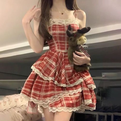 红色格子吊带连衣裙女夏季法式高级感气质收腰小个子蓬蓬蛋糕短裙