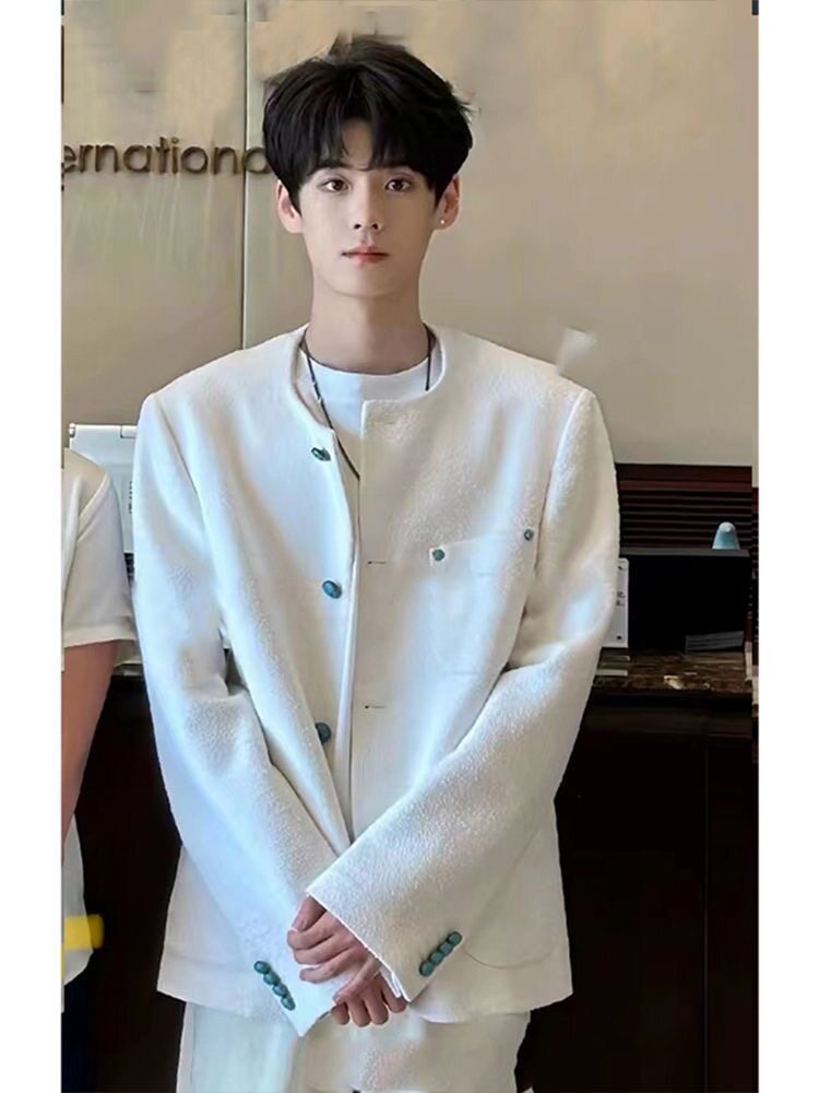 设计师款男装白色短款小香风外套男春秋高级感慵懒风上衣无领夹克