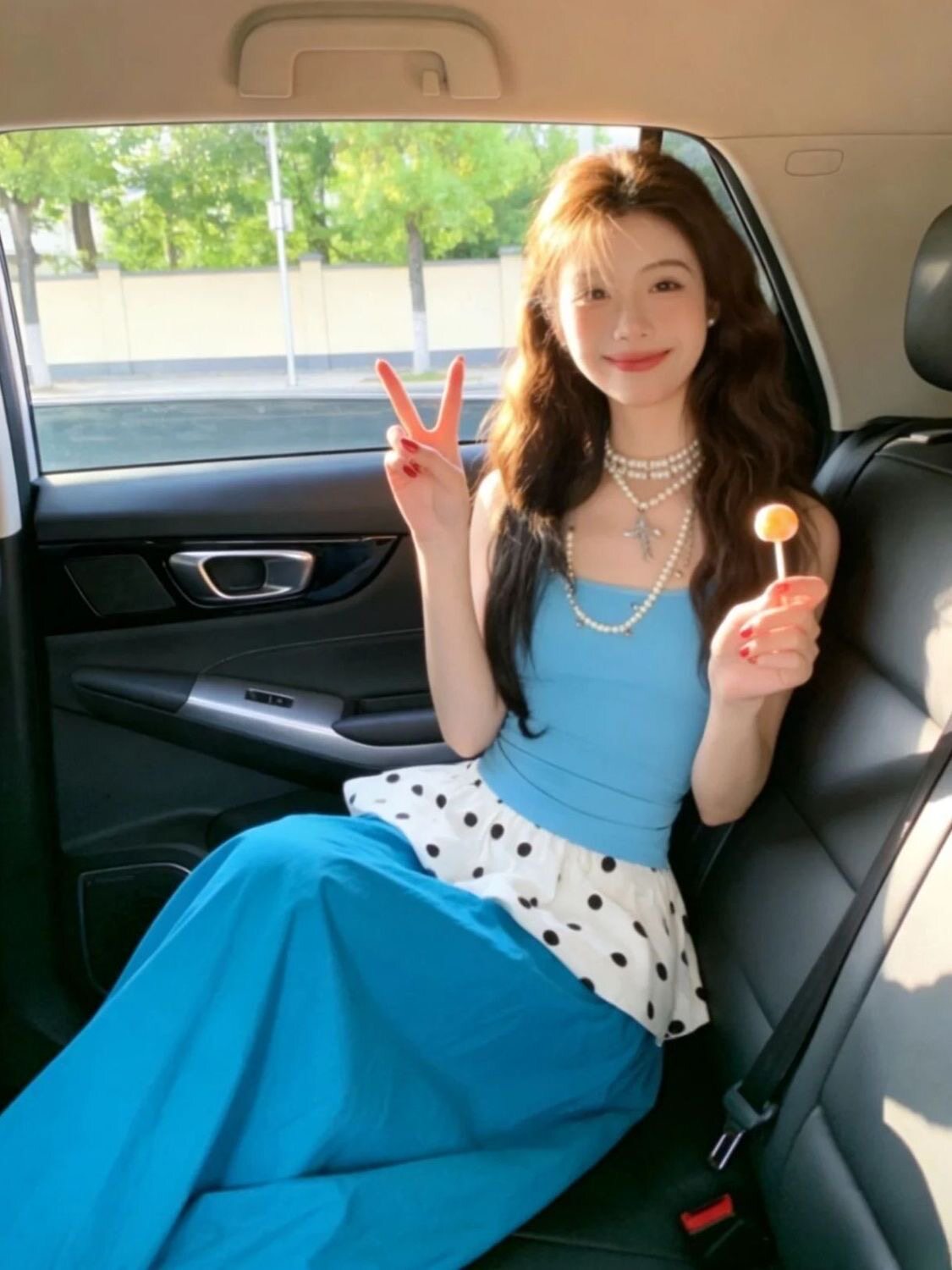 两件套今年流行清新甜美蓝色拼接波点吊带上衣显瘦半身裙长裙套装