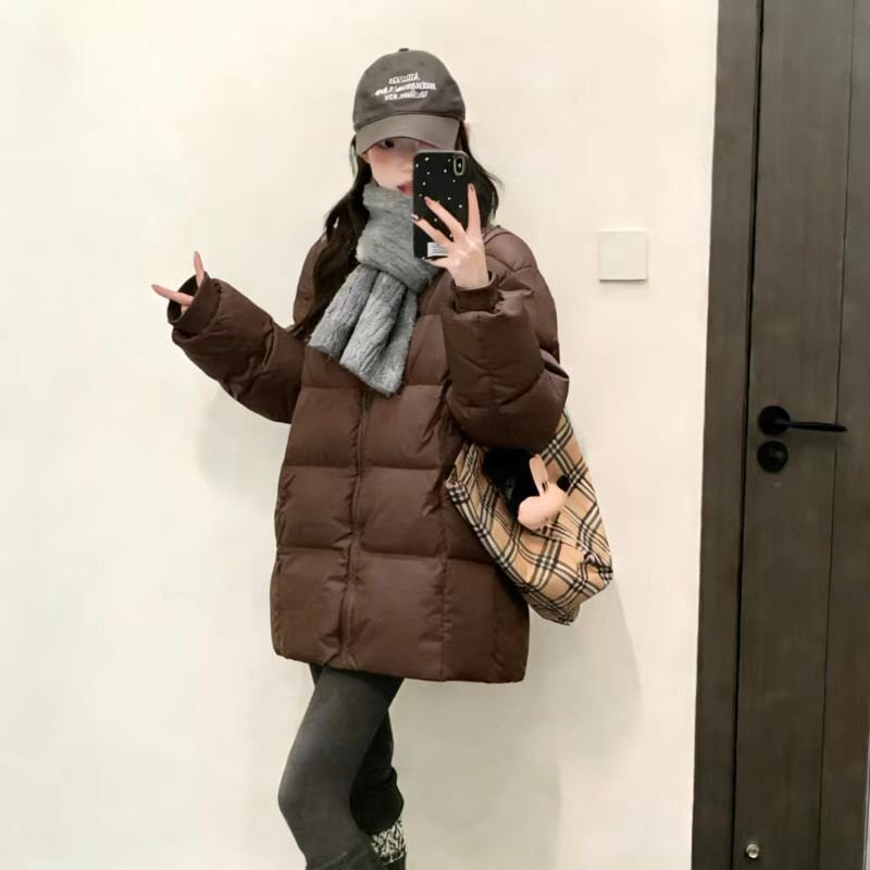 基础款无帽圆领中长棉服女秋冬纯色落肩宽松显瘦日常外穿棉衣外套