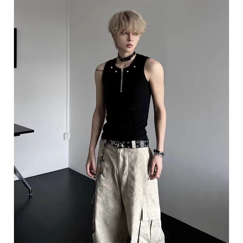 美式半拉链铆钉男士背心夏外穿健身训练无袖t恤痞帅风高级感坎肩