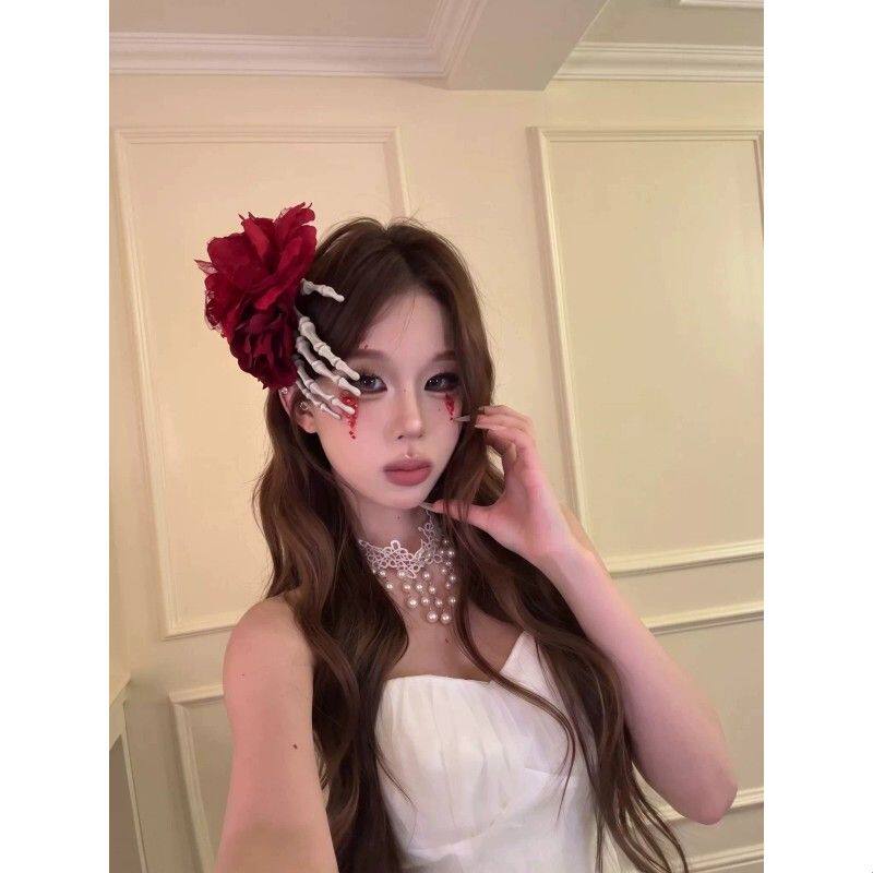玫瑰骷髅暗黑风万圣节发饰网纱花朵发箍女复古哥特风派对氛围感
