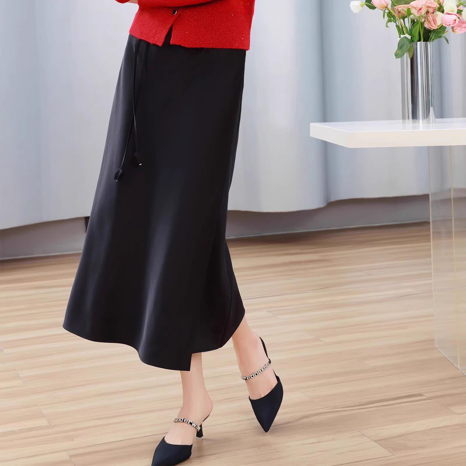 朵以缎面中长裙半身裙优雅气质